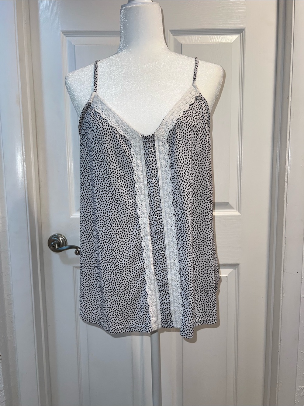 Lace-Trim Polka Dot Cami Tank Top - White/Black size XL